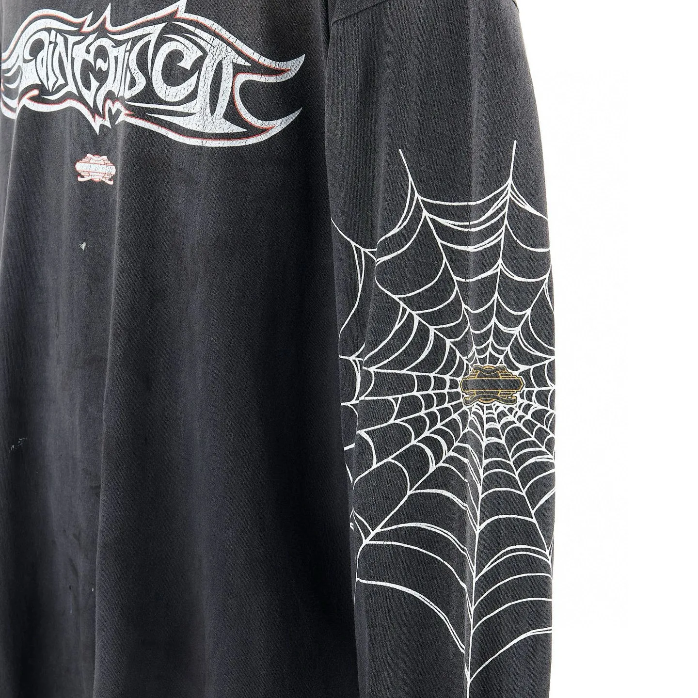SAINT Mxxxxxx × TEFLON DISCO ML_LS TEE/INSANITY/BLK Spider Web INSANITY Distressed Long Sleeves Washed Black S-XL Ready-to-wear Assute dyeing Maliu water spray fading treatment Customized TEFLON DISCO co-branded accessories Hand-splashed ink Wormhole fraying treatment Authentic level printing process